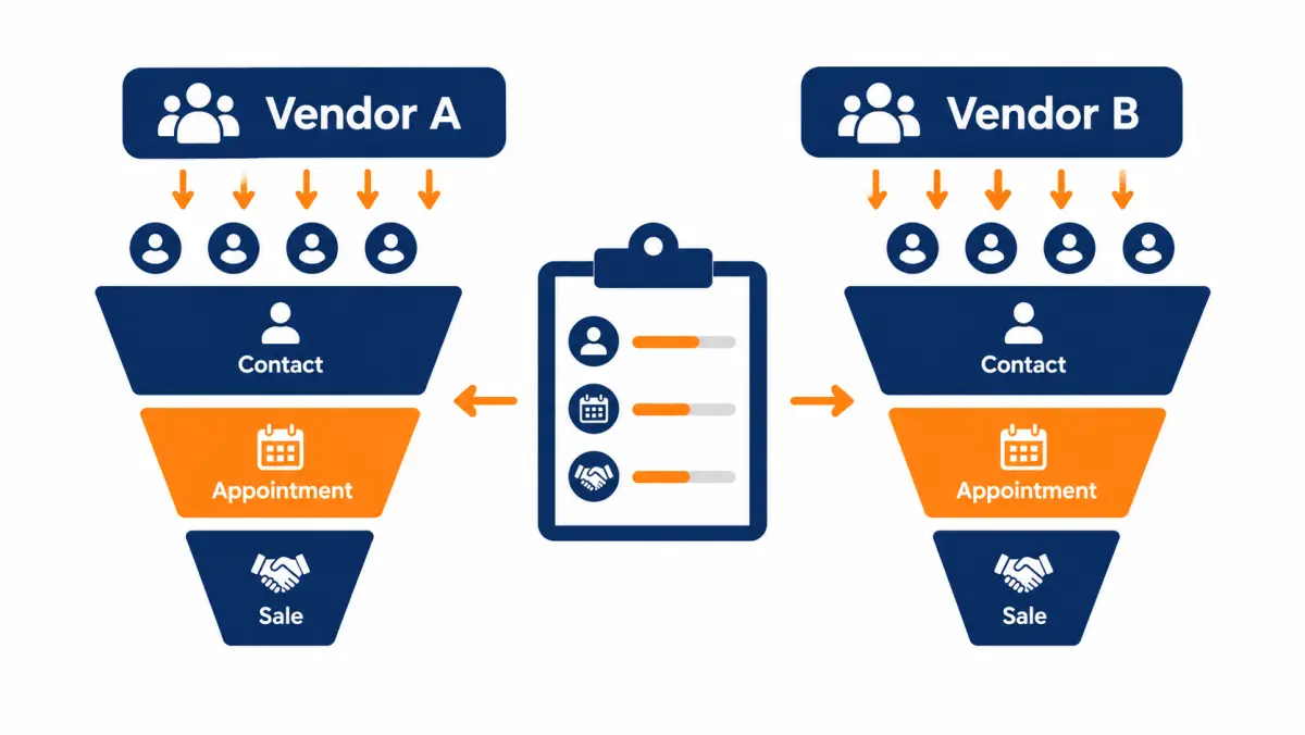 Diagram comparing two lead vendors feeding identical funnel stages for contact, appointment and sale
