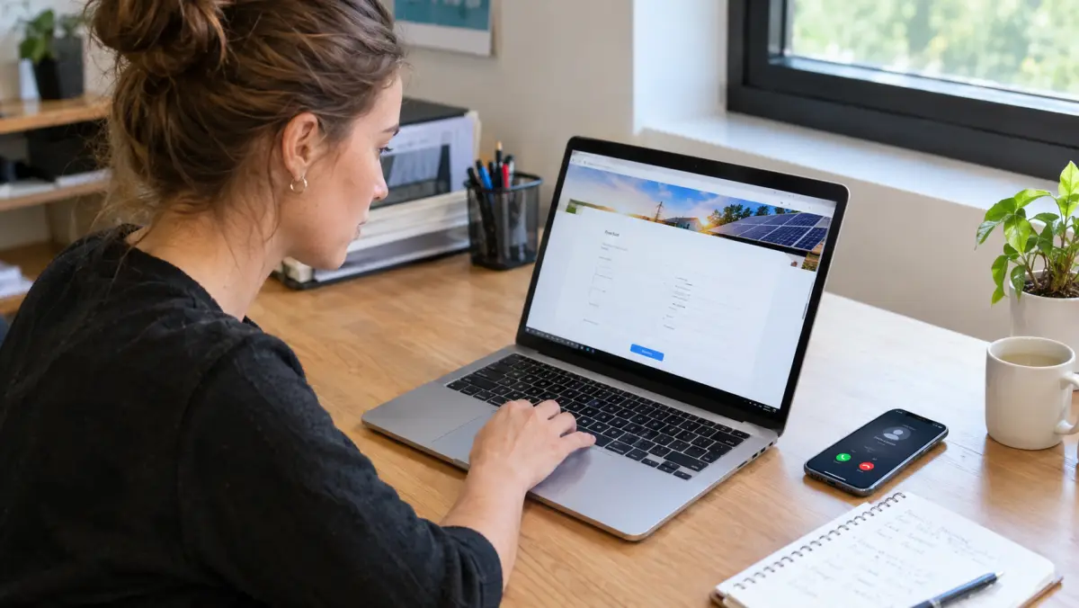 Person at a laptop filling out a solar quote form with a notepad beside them, testing a lead capture page