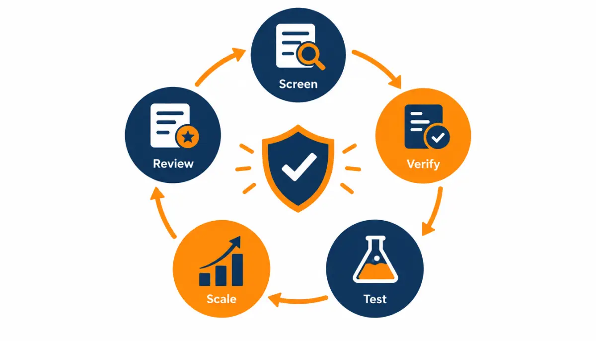 Circular lifecycle diagram with stages for vetting, test batch, scale, review and exit for a solar lead vendor
