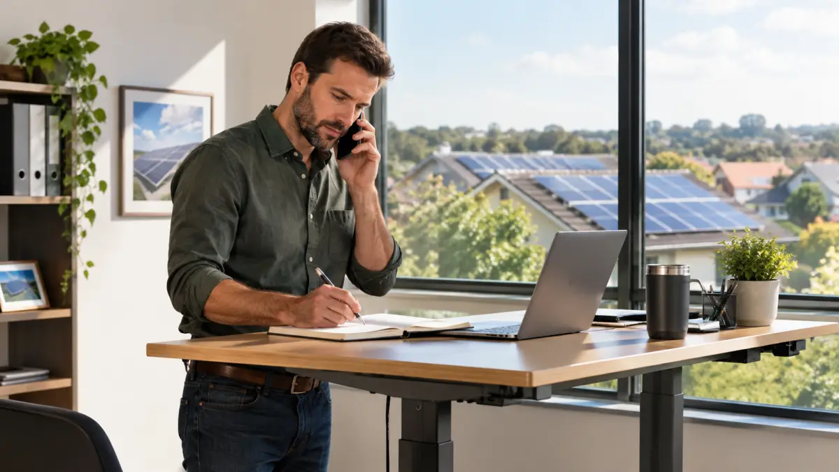 Solar installer on a phone call at a desk taking notes during a reference check with another installer