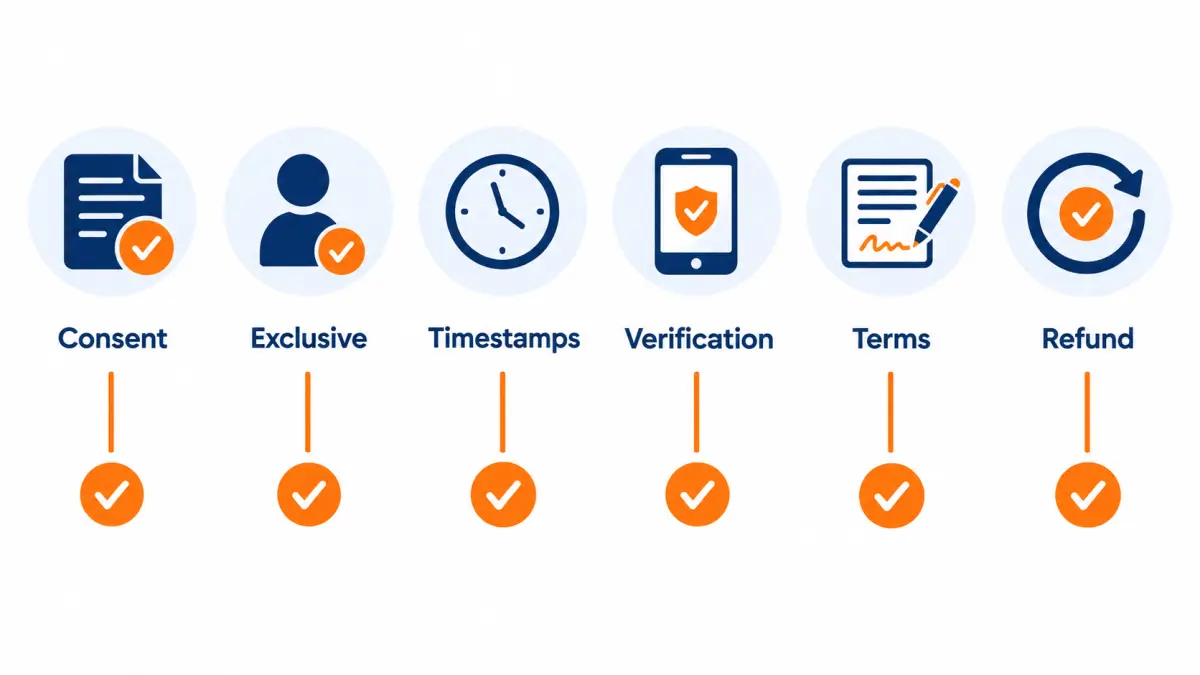 Checklist diagram of six solar lead vendor checks: consent, exclusivity, timestamps, verification, contract and refunds