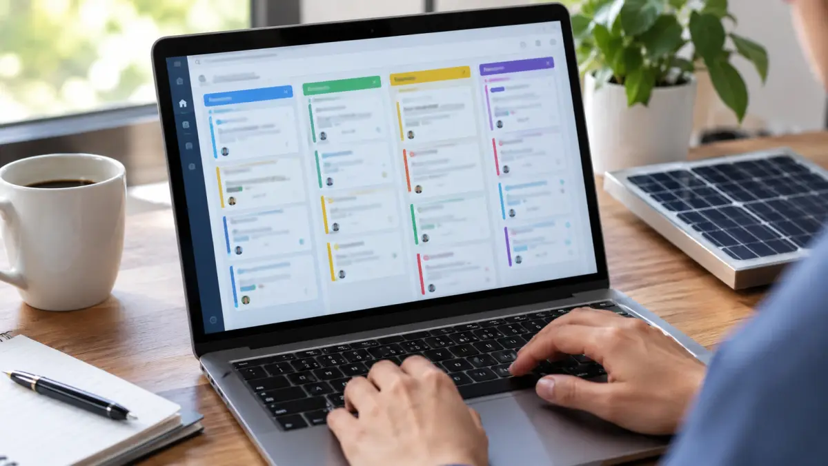 Laptop screen showing a generic sales pipeline board with lead cards in columns