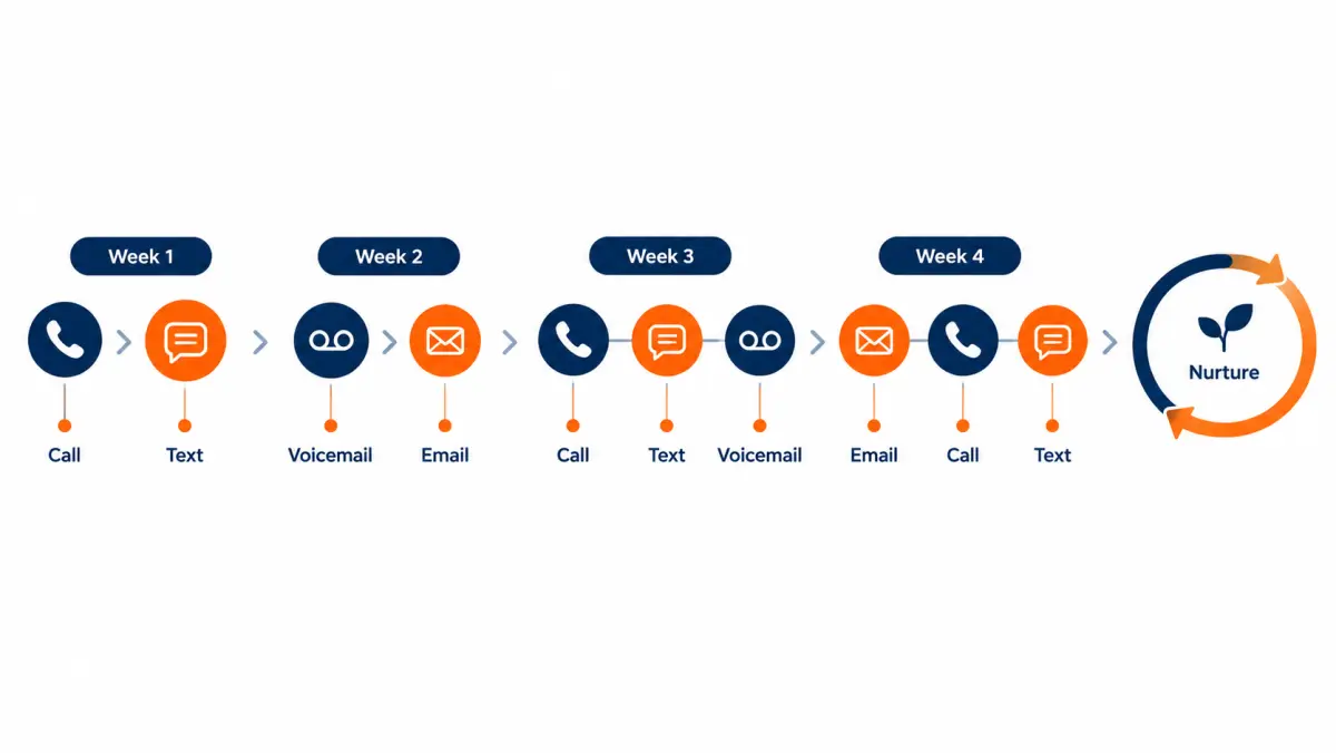 Timeline of a multi-week follow-up cadence with calls, texts, voicemails and emails leading into a nurture loop