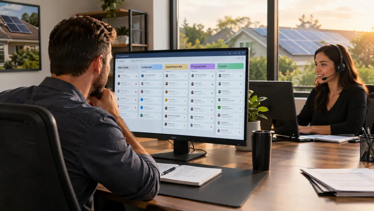 Solar sales manager reviewing a lead pipeline on a monitor while a setter in a headset calls a homeowner