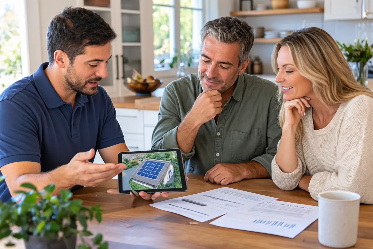 Solar consultant at a kitchen table with a homeowner couple reviewing a tablet and utility bills