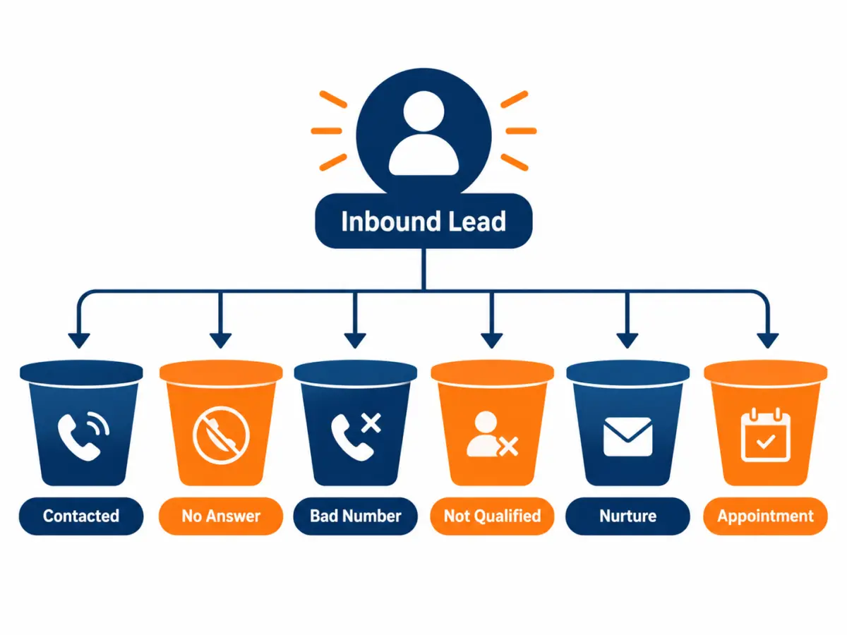 Diagram of lead disposition buckets branching from one inbound lead