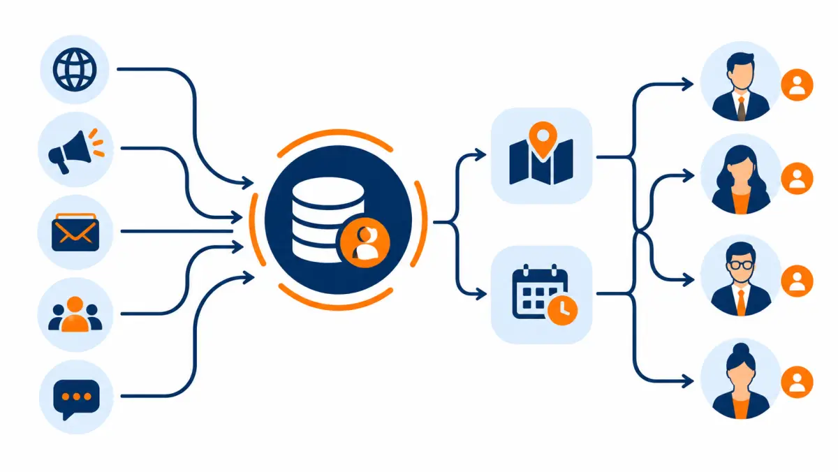 Lead routing diagram with lead sources flowing into a CRM hub and out to sales reps