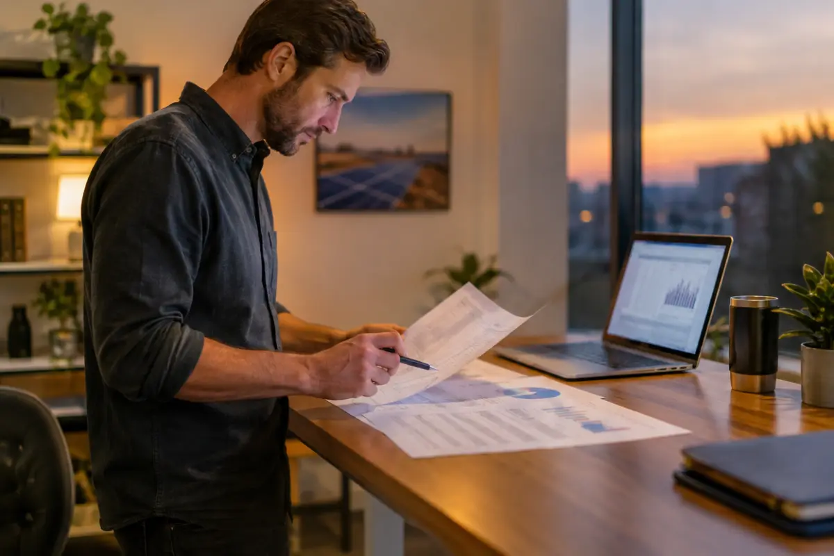 Solar company owner at a standing desk reviewing printed weekly scorecard sheets