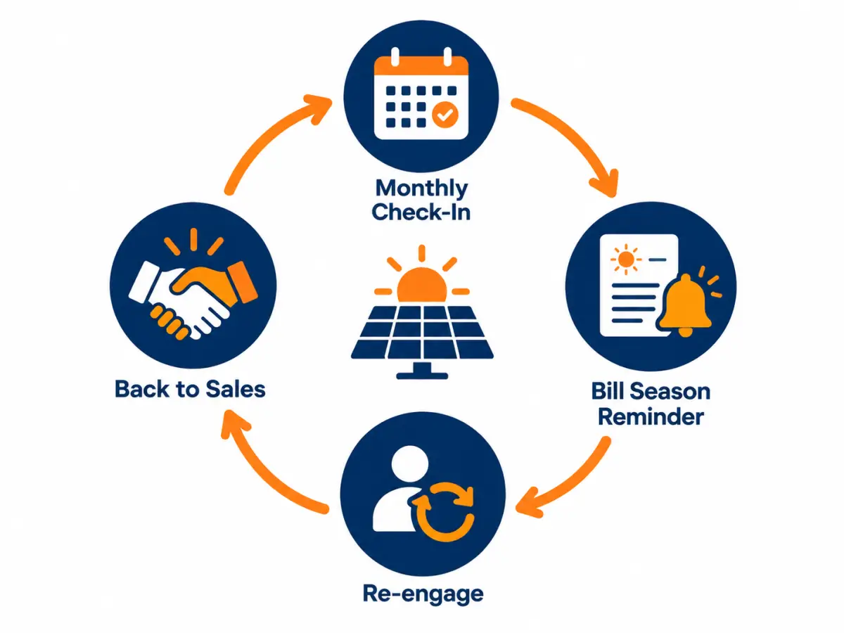 Circular diagram of a lead nurture loop from monthly check-in to re-engagement and back to sales