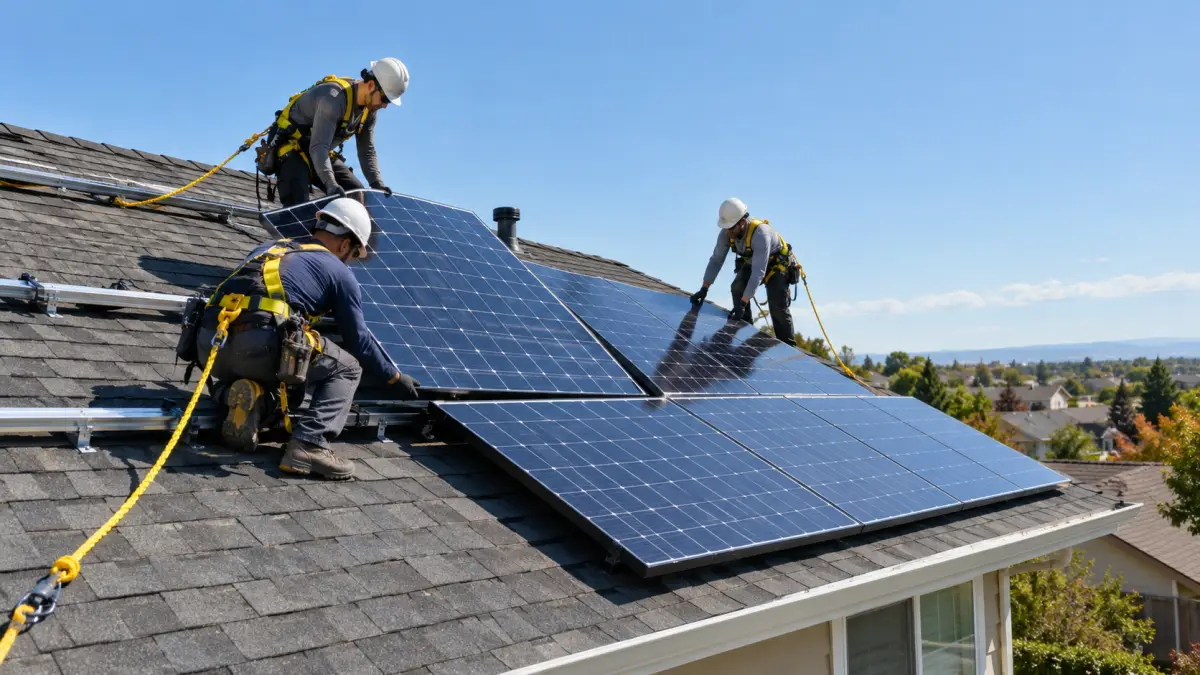 Installation crew mounting solar panels on a suburban shingle roof on a clear day