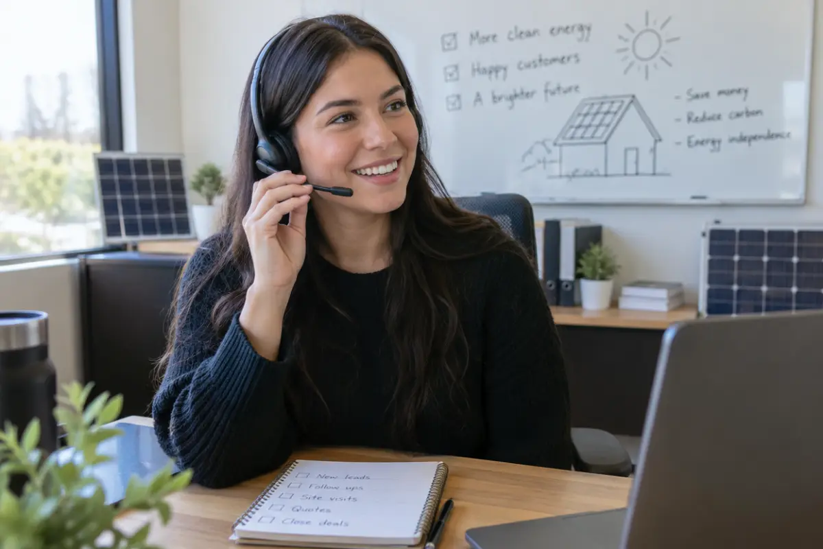 Appointment setter in a headset making calls with a handwritten checklist on the desk