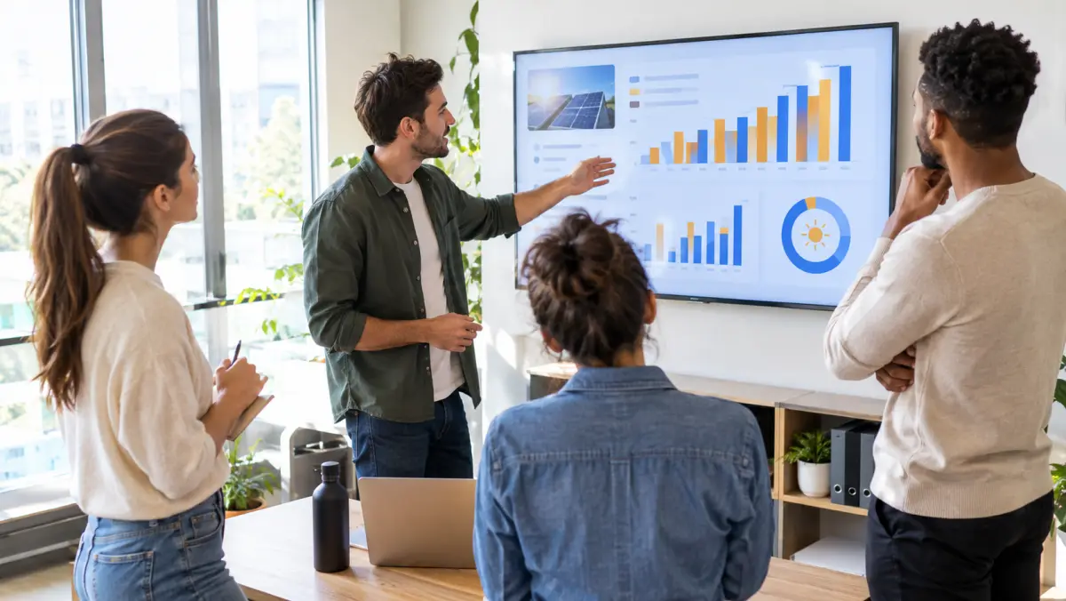 Small solar sales team in a morning huddle around a wall-mounted dashboard