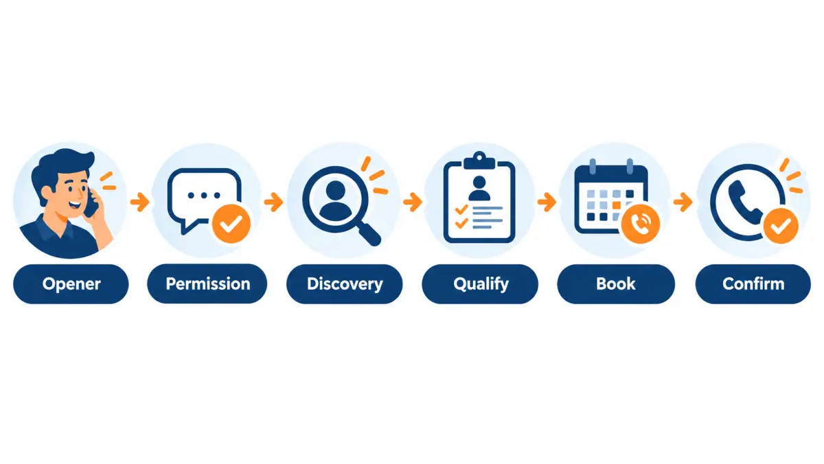 Flowchart of a solar lead call: opener, permission, discovery, qualify, book and confirm