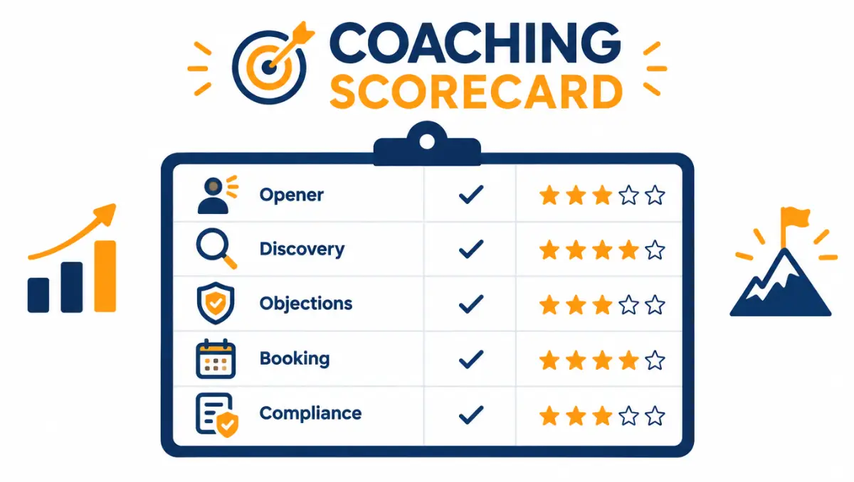 Call coaching scorecard illustration with rows for opener, discovery, objections, booking and compliance
