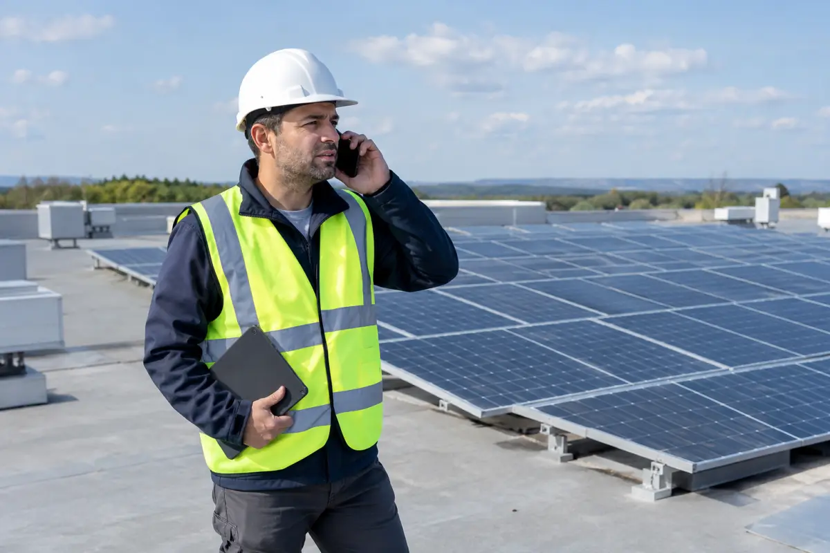 Facilities manager on a phone call on a flat commercial rooftop with a large solar array