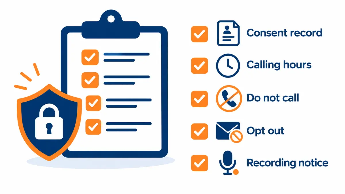 Compliance checklist illustration with shield: consent record, calling hours, do not call, opt out, recording notice