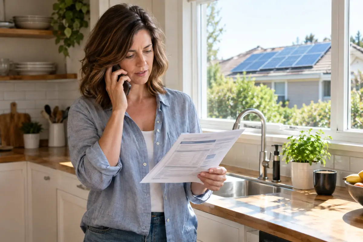 Homeowner in a kitchen talking on a smartphone while holding a utility bill