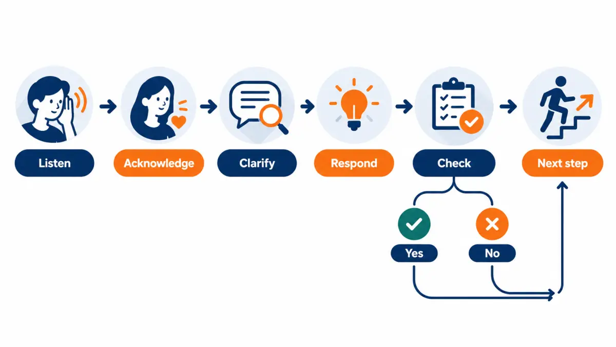 Decision tree for handling a sales objection: listen, acknowledge, clarify, respond, check, next step