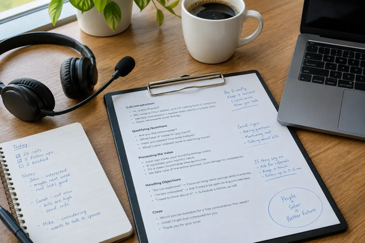 Close-up of a solar setter's desk with a printed call script on a clipboard, headset and laptop