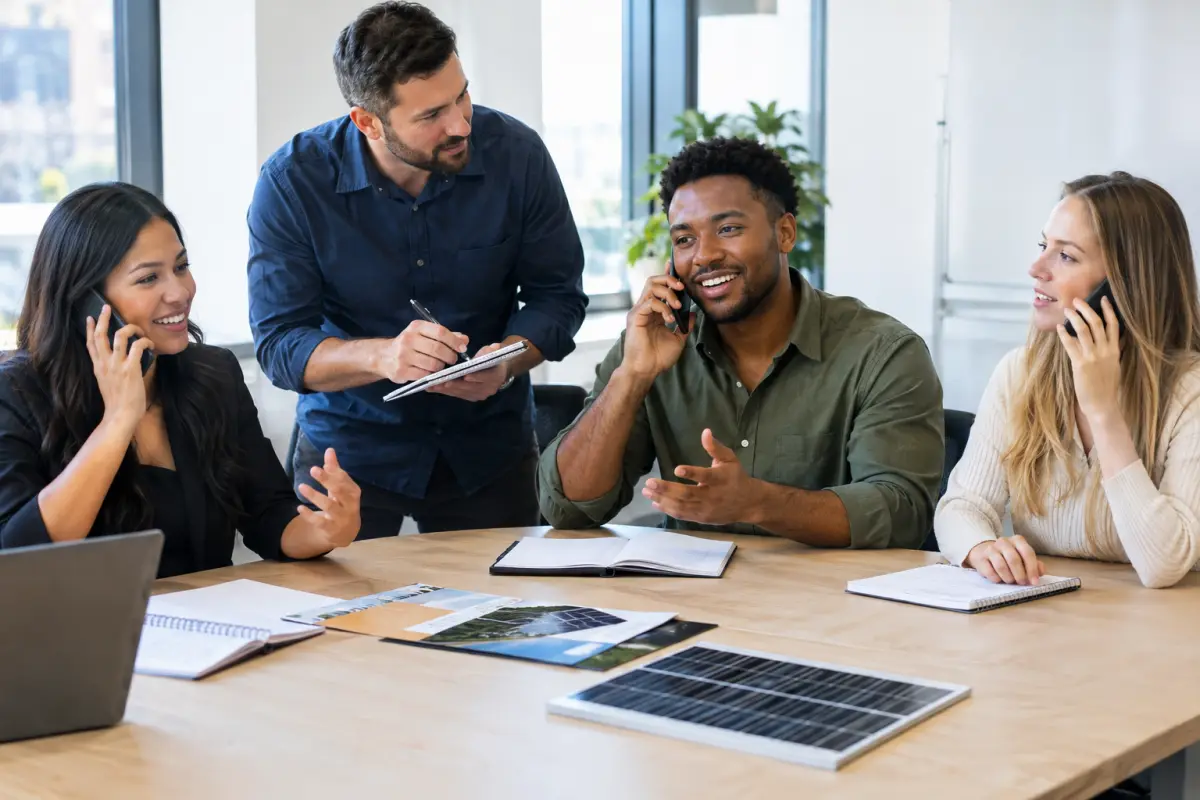 Small solar sales team role-playing a phone call in a meeting room while a coach takes notes