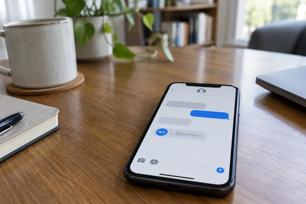 Smartphone on a wooden table showing a text message interface and voicemail icon