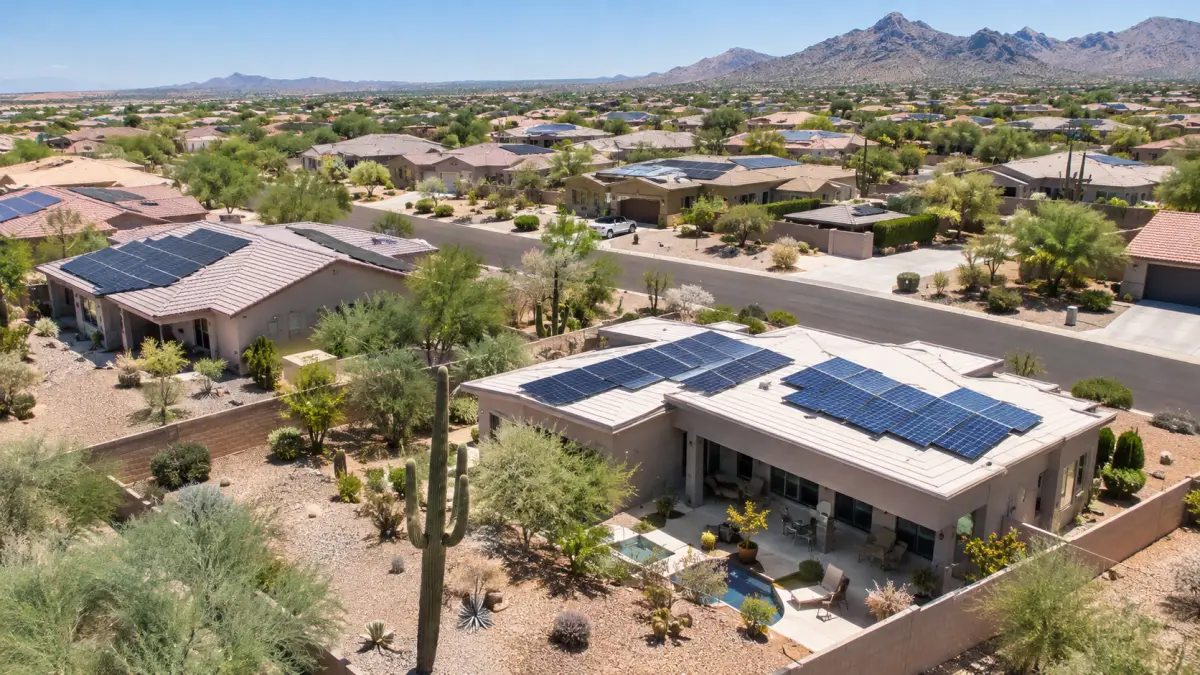 Row of desert stucco homes in Arizona with rooftop solar arrays under bright sun and mountains in the background, no text or logos