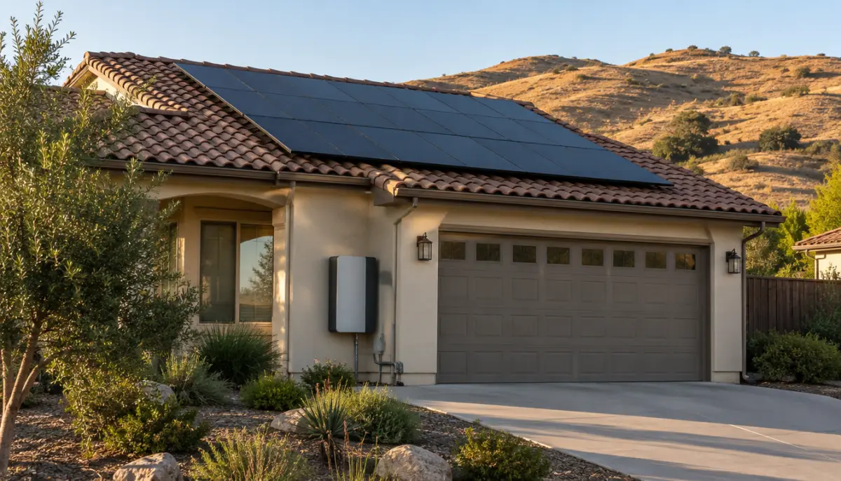 Spanish tile roof on a California home with a rooftop solar array and a wall-mounted home battery in the garage, unbranded
