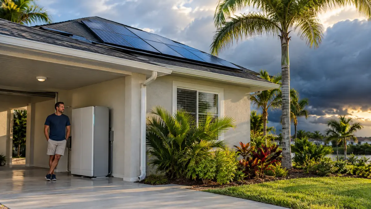 Florida ranch home with palm trees, a rooftop solar array and a battery cabinet under a dark storm sky, unbranded