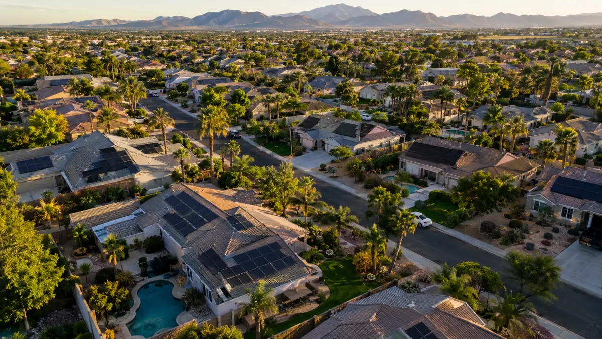 Aerial view of a sunny suburban neighborhood with rooftop solar arrays on several homes