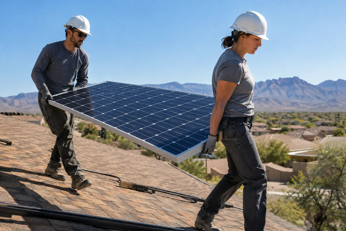 Two solar installers carrying a panel across a residential roof in a sunny southwestern town