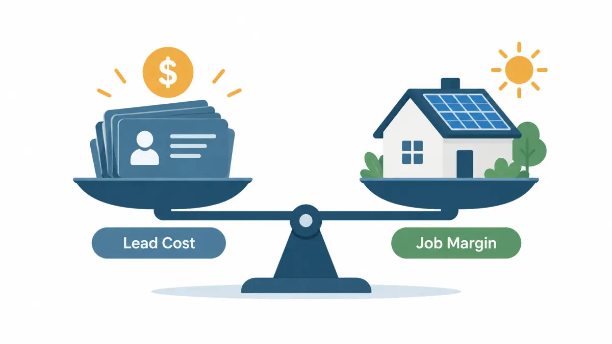 Infographic of a cost-per-sale balance scale with lead cost on one side and gross margin per job on the other, minimal labels, no numbers