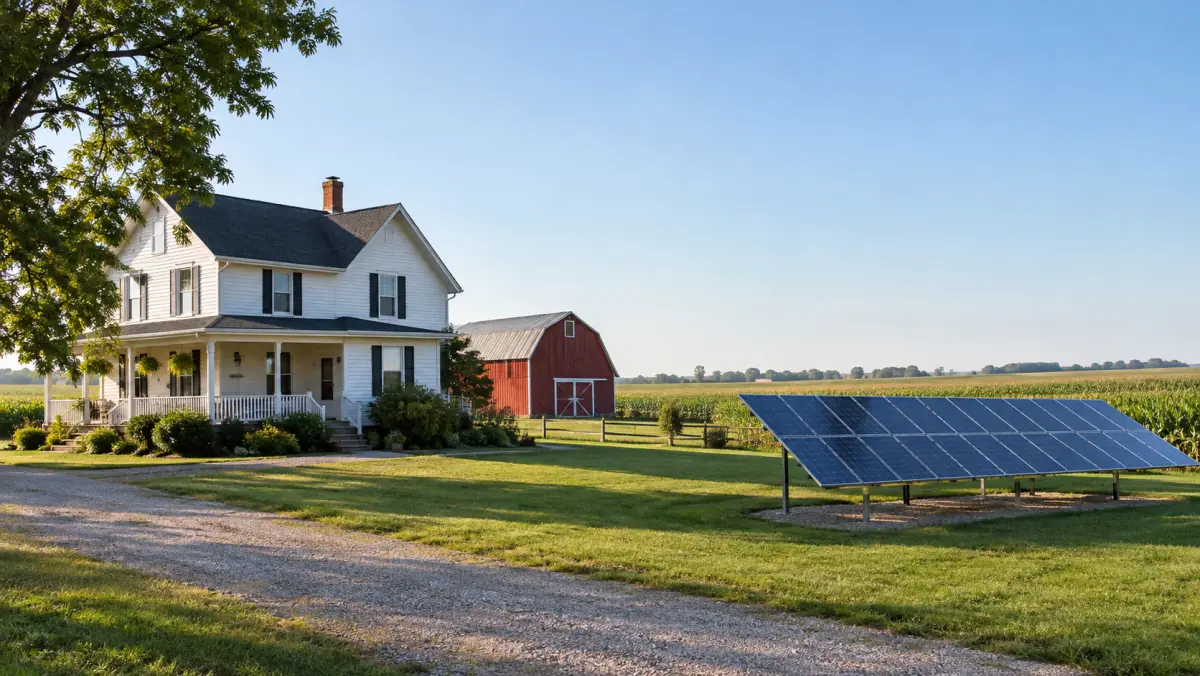 Midwestern farmhouse with a large ground-mounted solar array beside a red barn and open fields, no logos