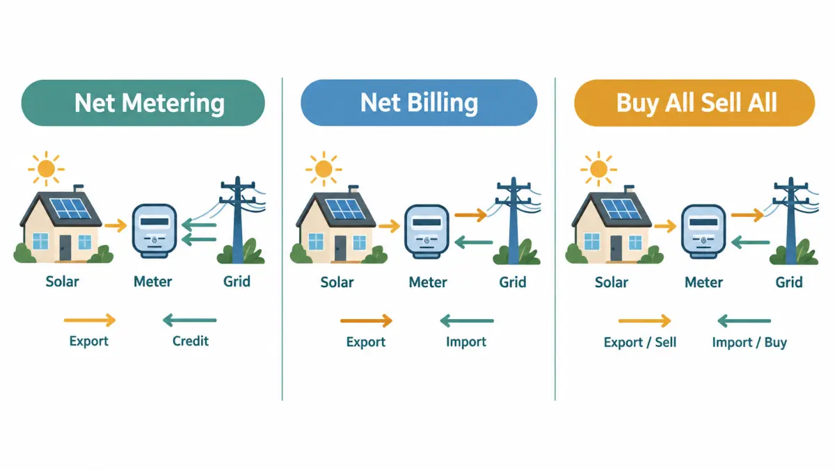 Clean infographic of three export compensation models, full retail net metering, net billing at lower export values, and buy-all tariffs, shown as arrows between a home, a meter and the grid
