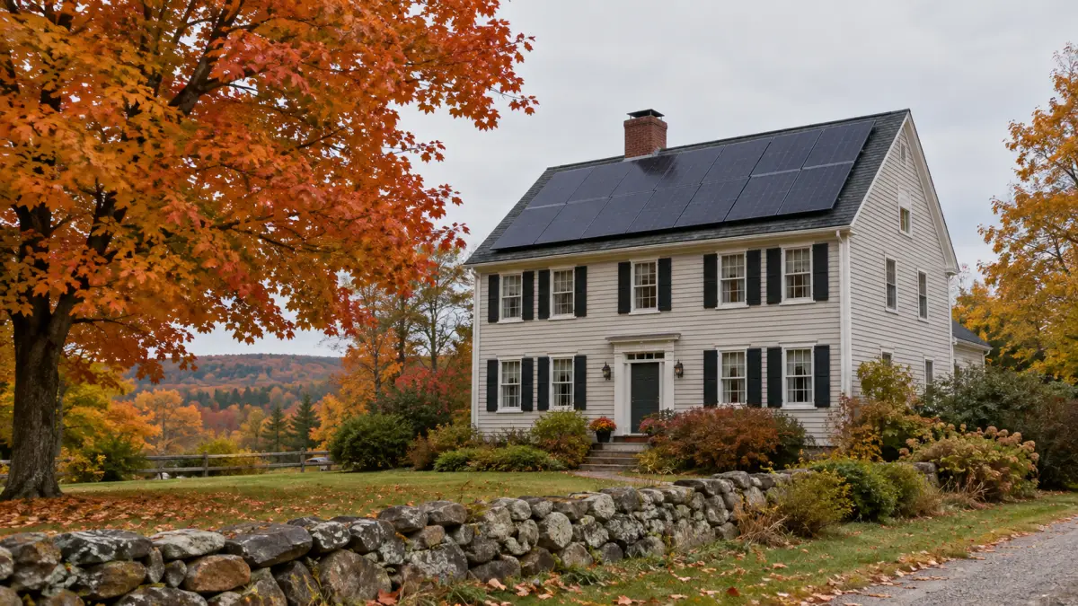Classic New England colonial house with a dark rooftop solar array, autumn trees and a stone wall, unbranded