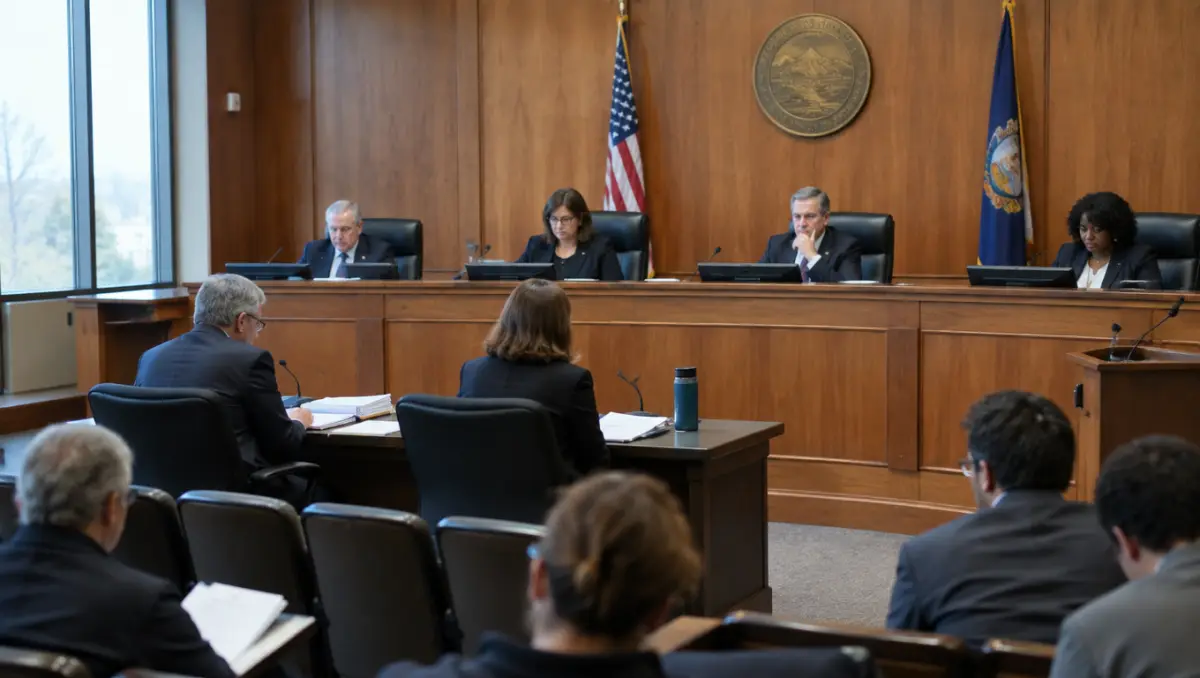 Small public utility commission hearing room with commissioners at a raised dais and members of the public in rows, no visible text