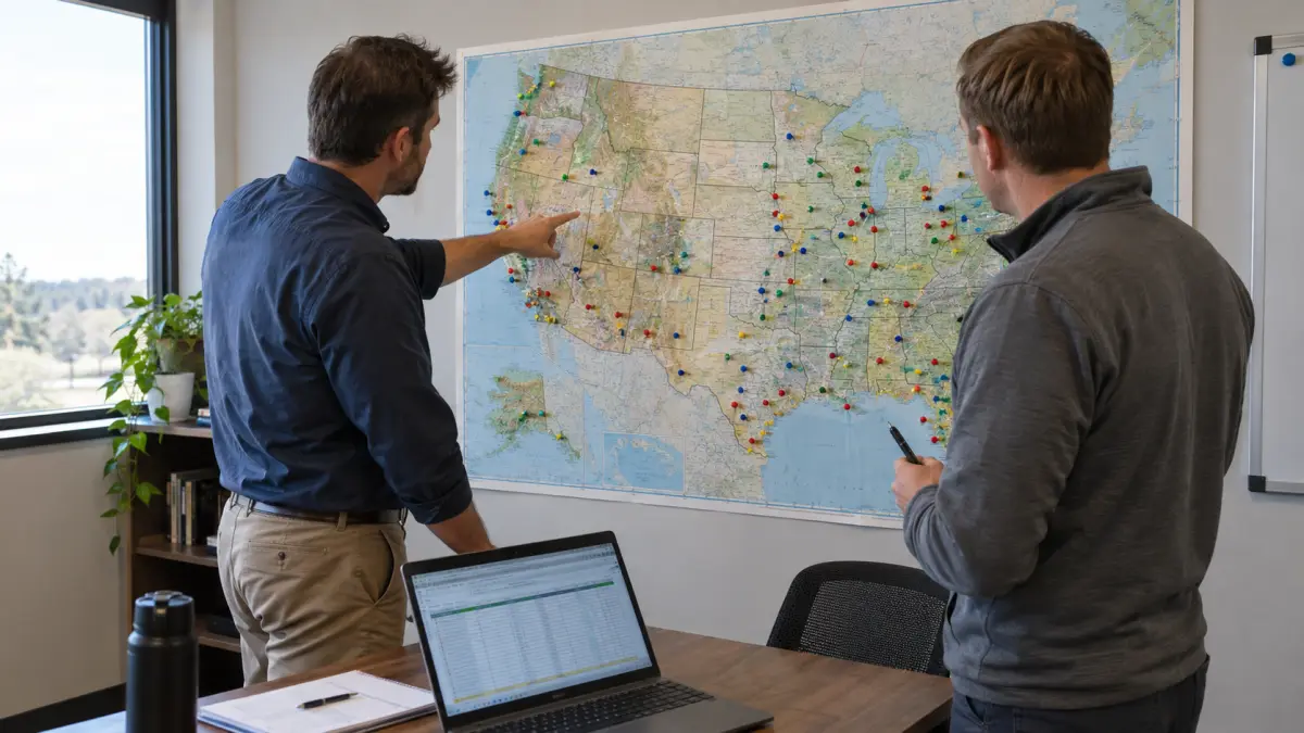Sales manager reviewing a territory map and pipeline dashboard with two reps at a conference table, screens blurred, no logos