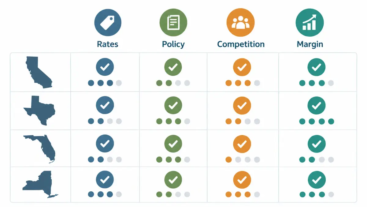 Clean infographic of a state scoring matrix with rows for states and columns for weighted factors, shown as colored cells with short labels and no numbers