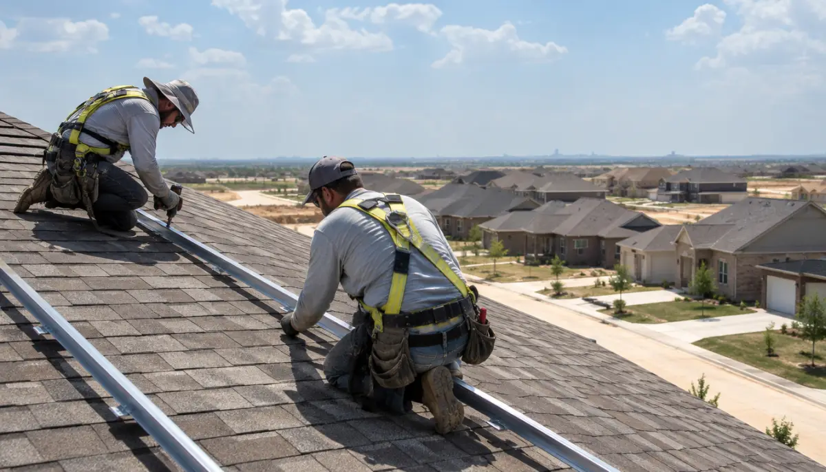 Newly built two-story suburban home in Texas with a crew installing rooftop solar panels on a bright day, no logos