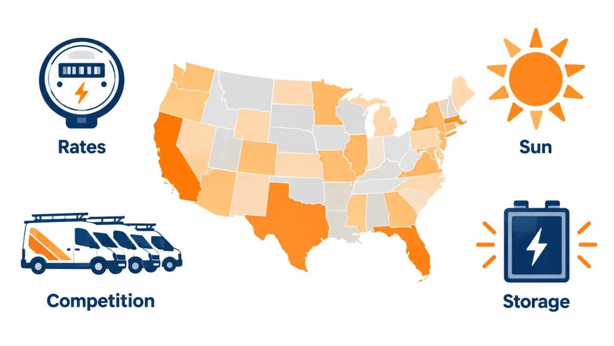 Simplified US map with icons for electricity rates, sunshine, installer competition and battery storage