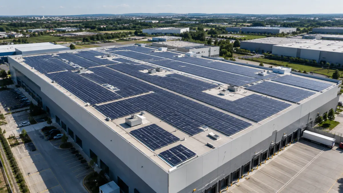 Aerial view of a commercial warehouse flat roof covered with rows of solar panels