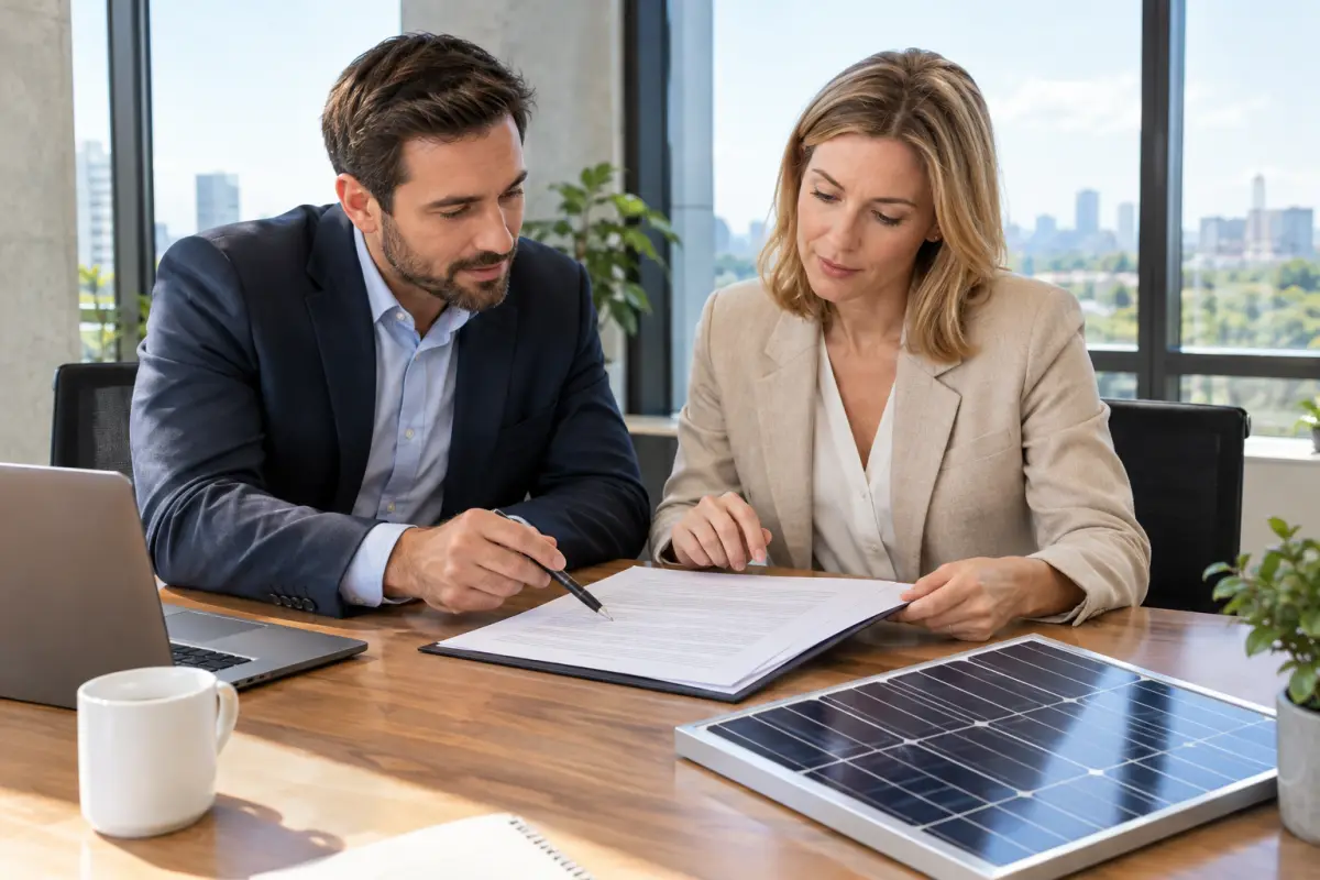 Two business owners reviewing a printed service agreement together, one pointing to a clause with a pen