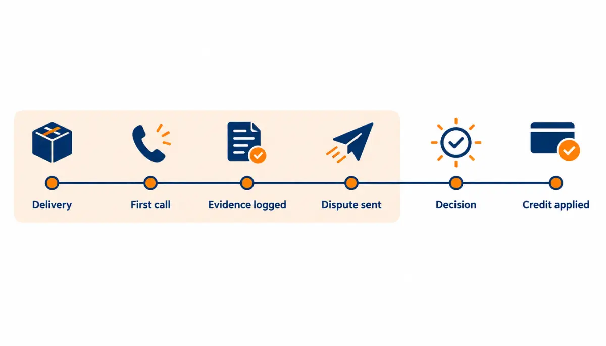 Timeline showing delivery, first call, evidence logged, dispute sent, decision and credit applied, with the return window shaded