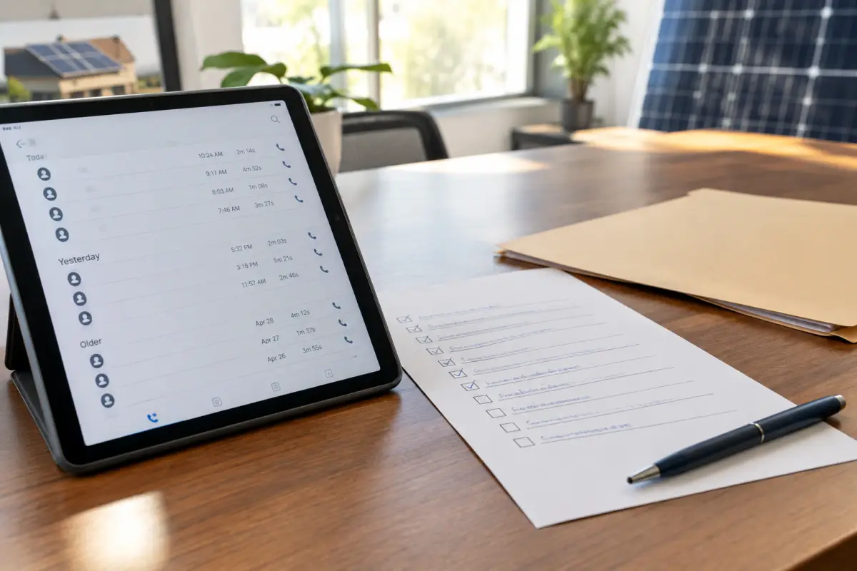 Desk with a tablet showing a call log, a printed checklist with ticks and a folder
