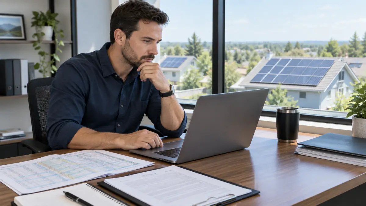 Solar sales manager reviewing a lead report, call logs and a contract at a desk with rooftop solar panels visible through the window