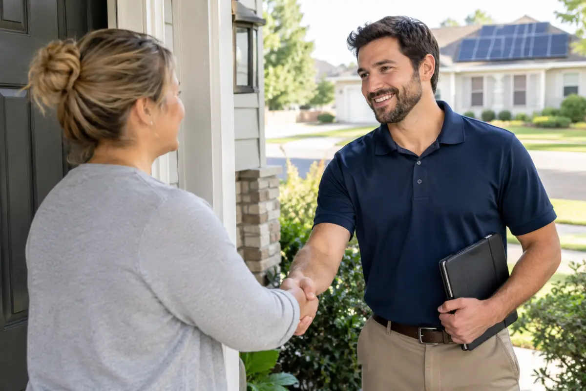 Solar sales consultant greeting a homeowner at the front door of a suburban house