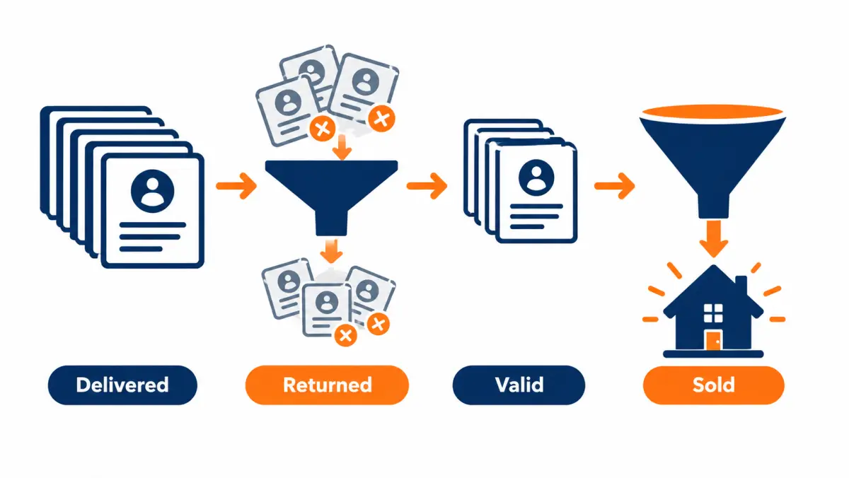 Diagram showing delivered leads, some removed as returns, the remaining valid leads flowing into a funnel that ends in a sale