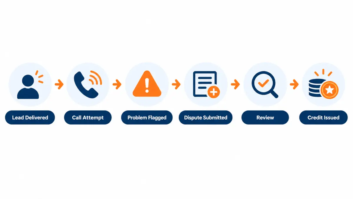 Flowchart showing a lead delivered, a call attempt, a problem flagged, a dispute submitted, a review, and a credit issued