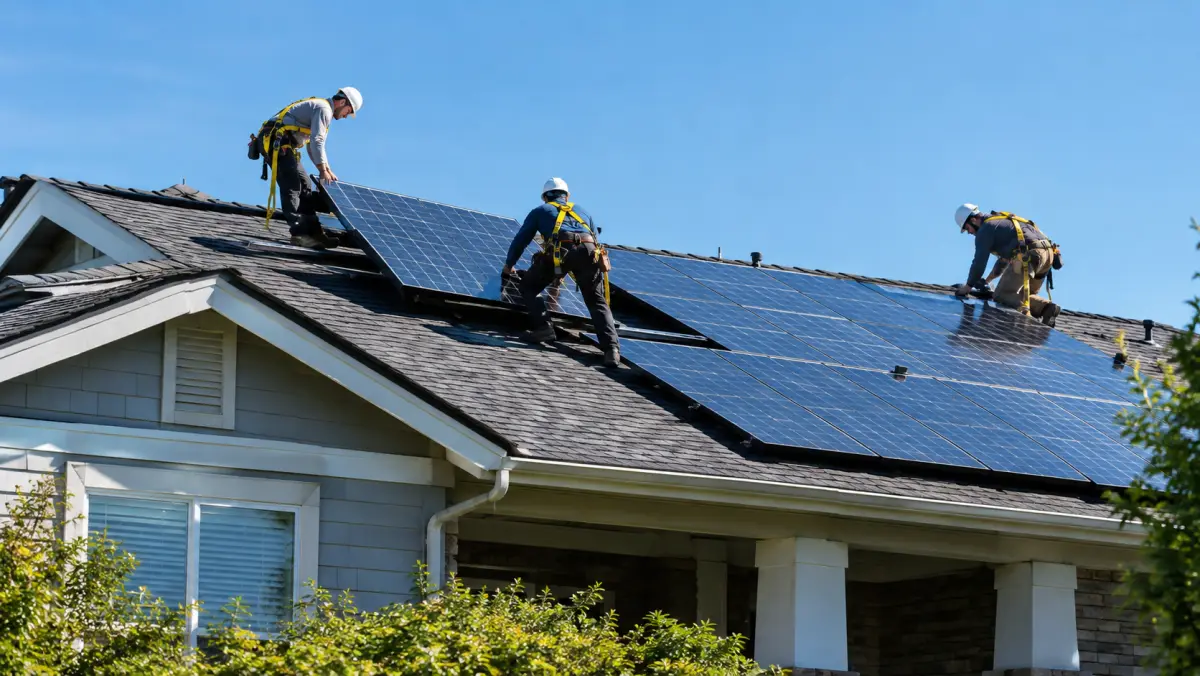 Solar installation crew mounting panels on a suburban home roof