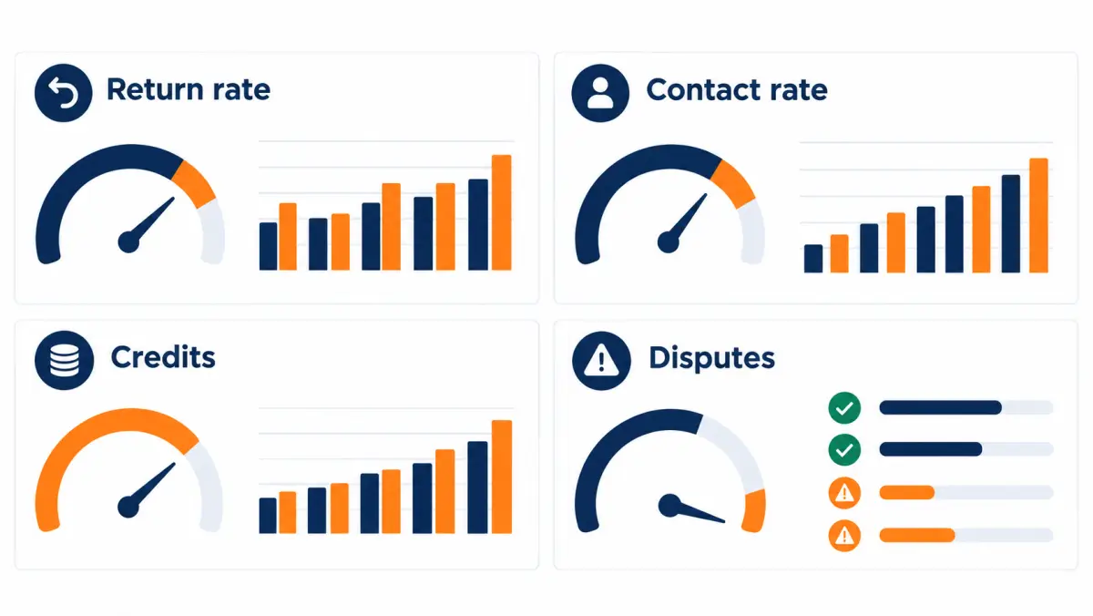 Vendor scorecard dashboard with charts, gauges, checkmarks and warning flags