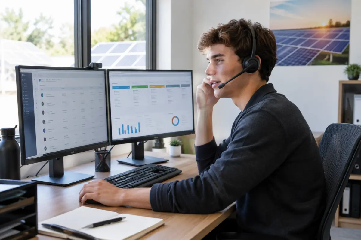 Sales setter wearing a headset making calls at a desk with CRM dashboards on two monitors